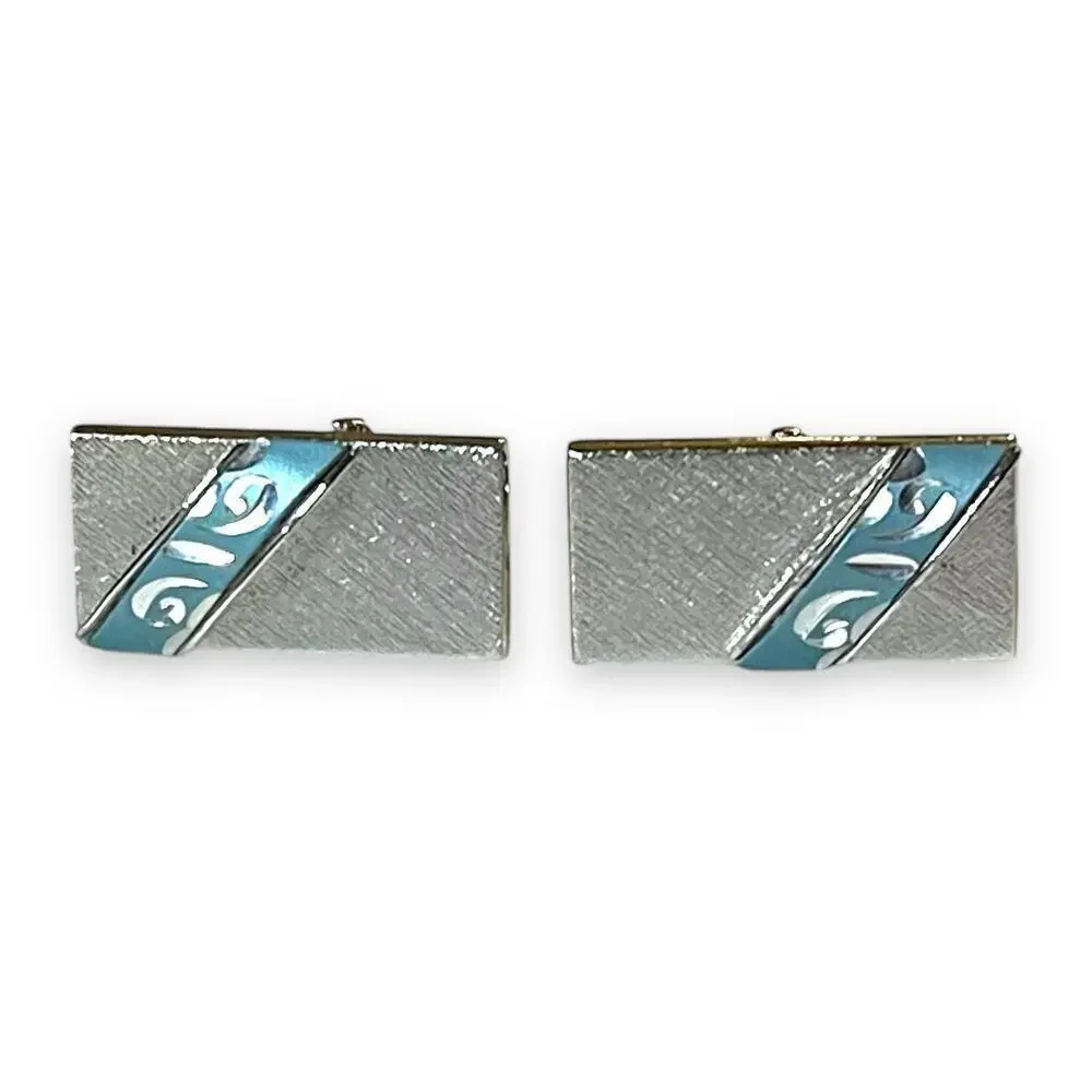 Vintage Swank Cufflinks Mens Silver Tone Blue Stripe Filigree Crosshatch Signed